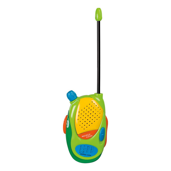 The Outdoor Discovery Walkie Talkie features a colorful, compact design with a long black antenna, yellow speaker, green and blue buttons, and an orange side marked with Morse Code—perfect for battery-powered communication adventures.
