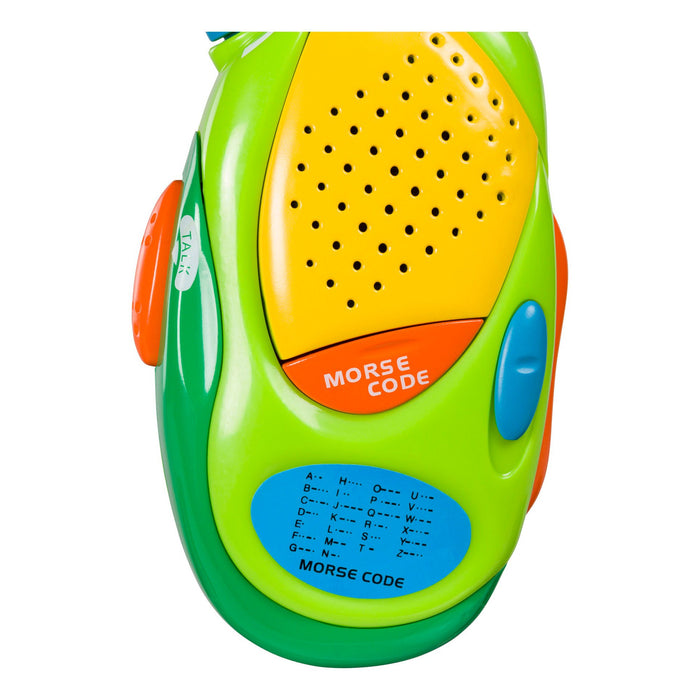 The Outdoor Discovery Walkie Talkie by Outdoor Discovery is a colorful plastic toy with a speaker, labeled buttons, and Morse code chart. In green, yellow, orange, and blue, it’s ideal for introducing kids to battery-powered communication.