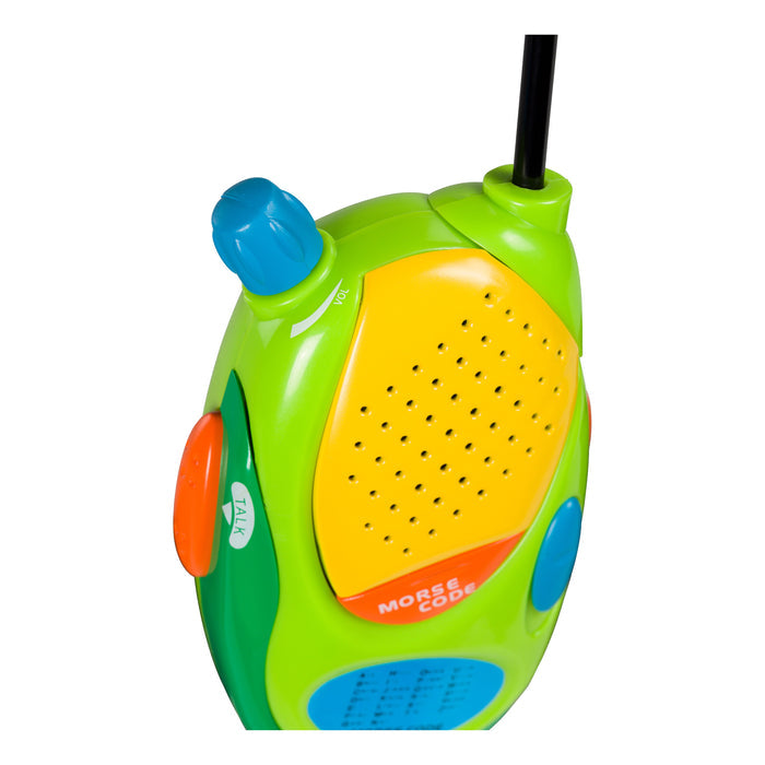 The Outdoor Discovery Walkie Talkie by Outdoor Discovery features a green and yellow body, blue and orange buttons, a speaker, black antenna, and "Morse Code" on the yellow part—ideal for battery-powered communication.