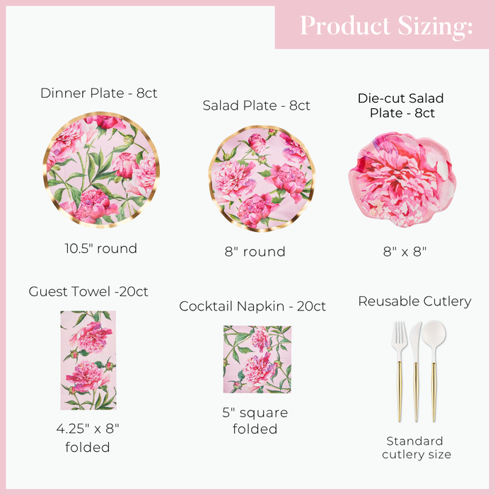 Pink Peonies Table Setting by Sophistiplate: sizing chart shows floral dinner plates, salad and die-cut salad plates, guest towel, cocktail napkin & reusable cutlery set. Each displays quantity/dimensions; plates & napkins feature pink peony designs.