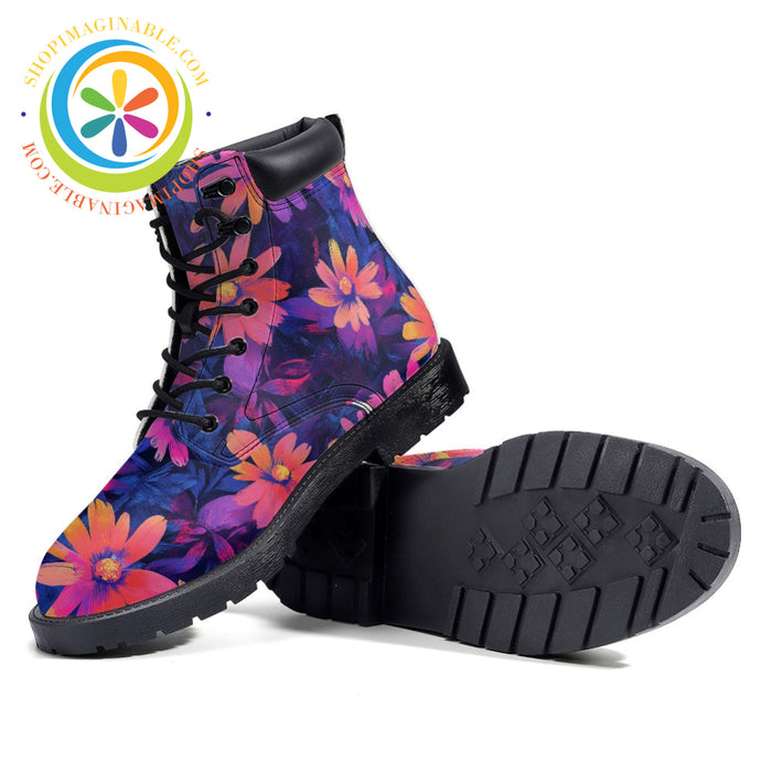 Retro Neon Daisy - Leather Martin Boots