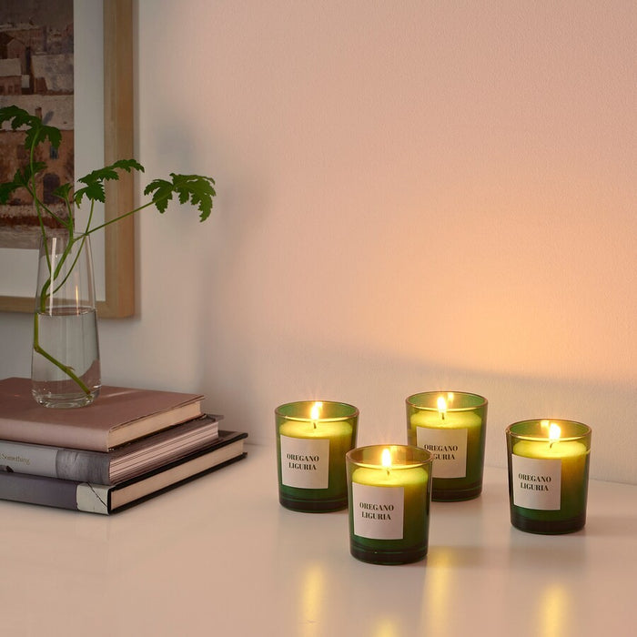 RINGLAD Scented candle in glass, Oregano/green, 4pack