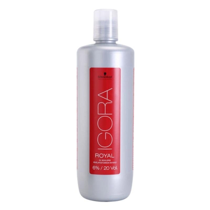 A bottle of Schwarzkopf Igora Royal hair developer, 6% / 20 Vol, in a metallic silver bottle with a red label and a clear cap, on a white background.