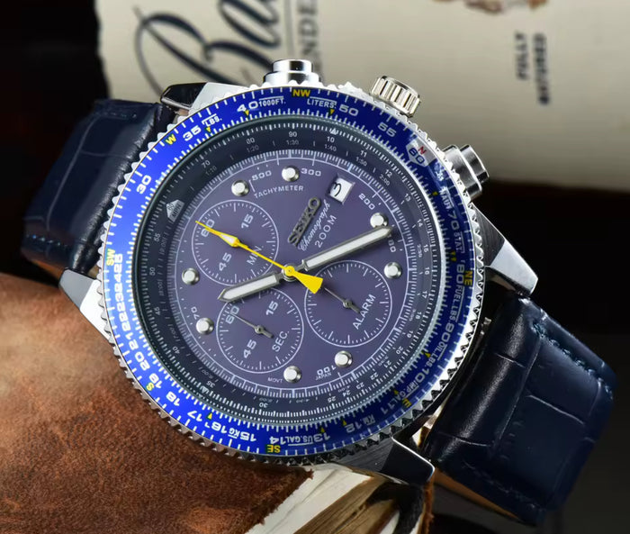 Seiko Chronograph Speedtimer 43mm Quartz Movement  Blue Dial Bezel Leather Watch