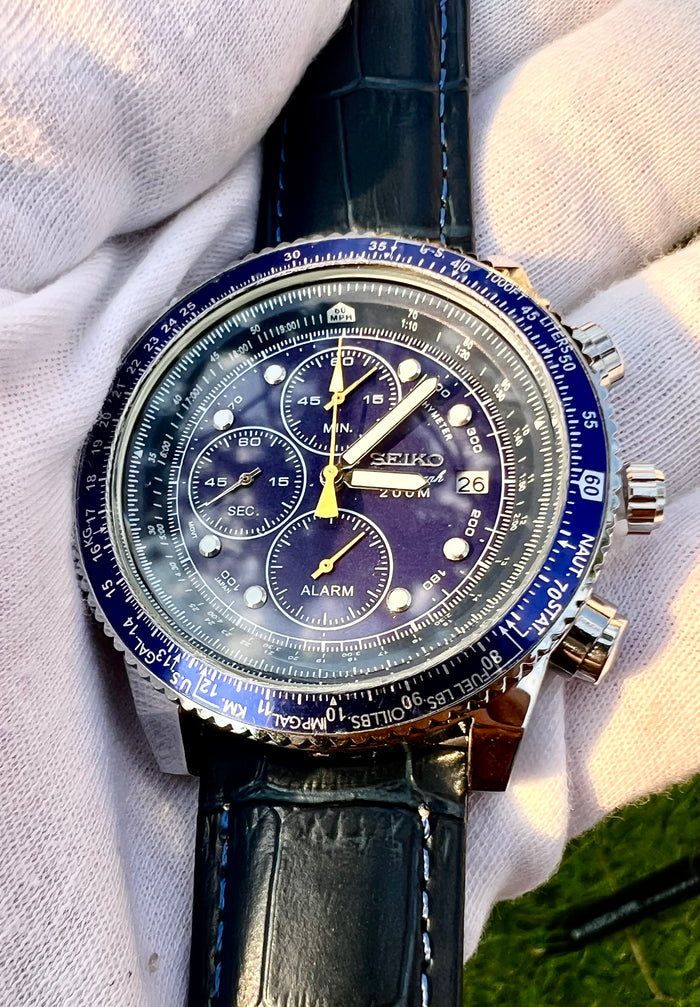 Seiko Chronograph Speedtimer 43mm Quartz Movement  Blue Dial Bezel Leather Watch