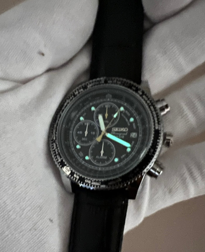 Seiko Chronograph Speedtimer 43mm Quartz Movement  Blue Dial Bezel Leather Watch