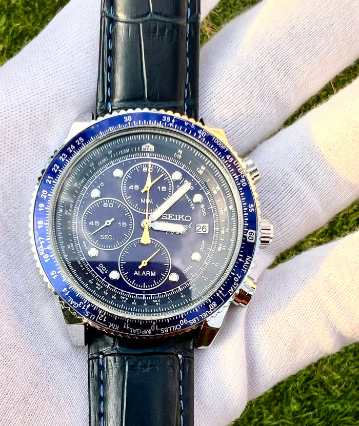 Seiko Chronograph Speedtimer 43mm Quartz Movement  Blue Dial Bezel Leather Watch