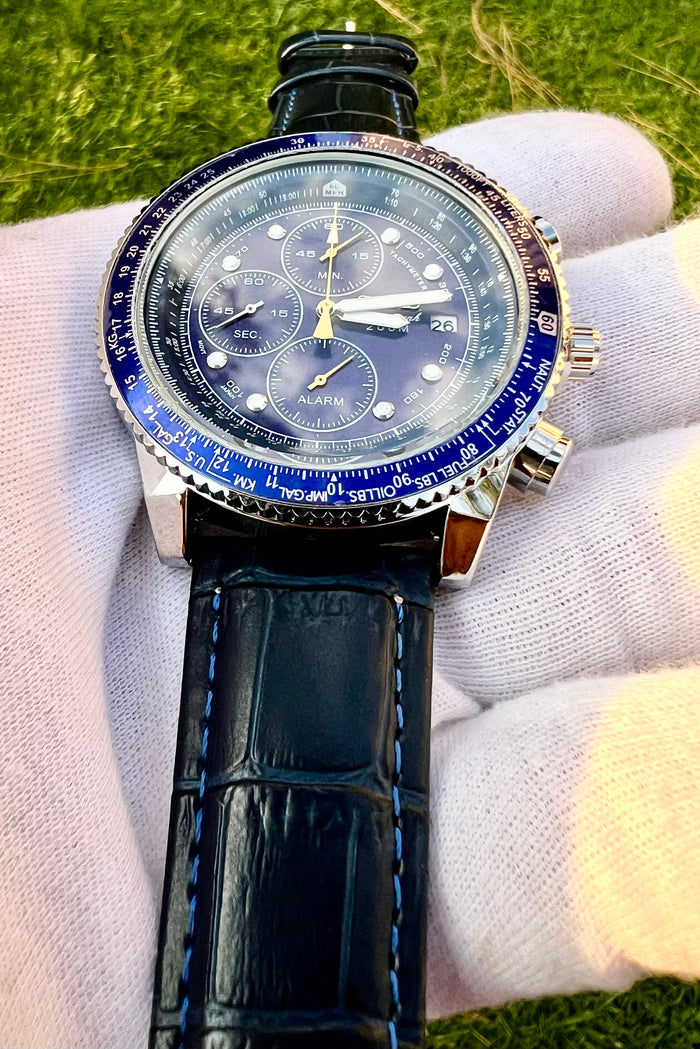 Seiko Chronograph Speedtimer 43mm Quartz Movement  Blue Dial Bezel Leather Watch