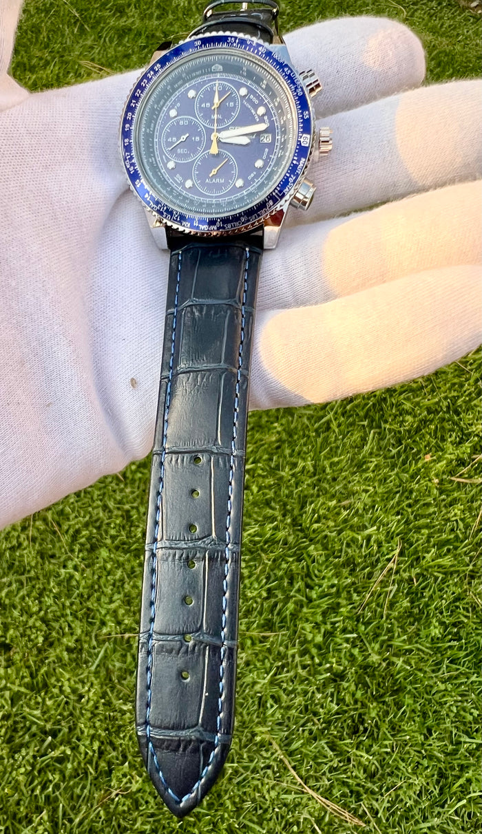 Seiko Chronograph Speedtimer 43mm Quartz Movement  Blue Dial Bezel Leather Watch