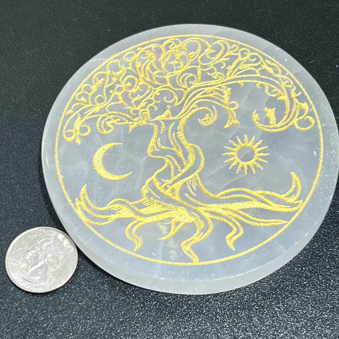 Selenite Satin Spar Crystal Gold Engraved Tree Of Life Round Circle Plate Carving