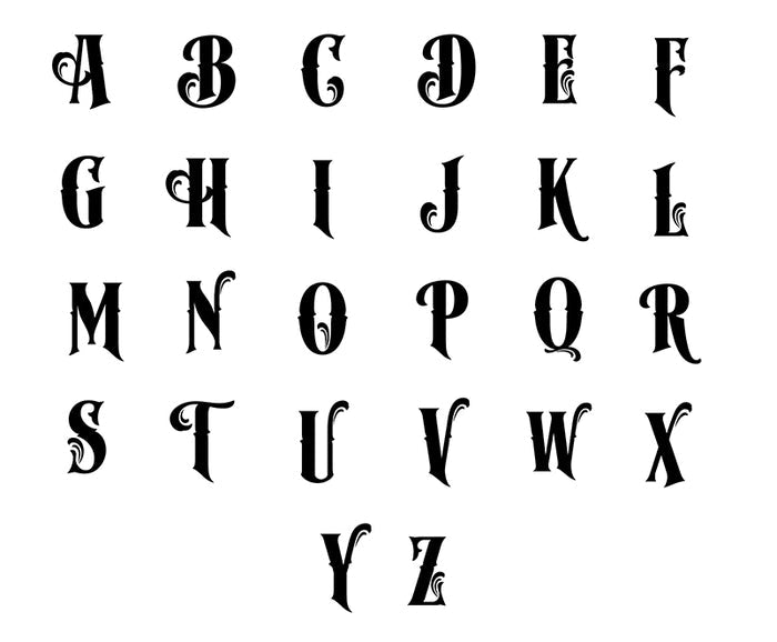 Reference chart of the ornate monogram font: capital letters A to Z.