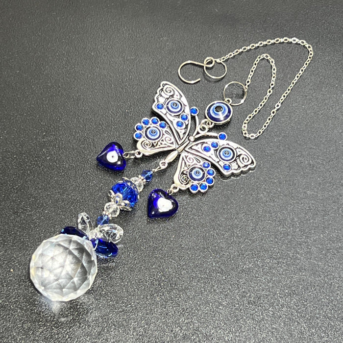 Silver Butterfly Blue Eye Sun catcher Gemstone Crystal Carving