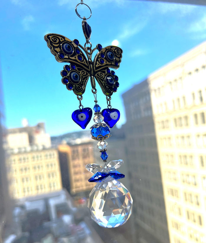 Silver Butterfly Blue Eye Sun catcher Gemstone Crystal Carving