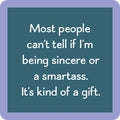 Text graphic with teal background and lavender border. The Smartass Coaster by Drinks On Me reads: Most people can’t tell if I’m being sincere or a smartass. A funny drink coaster for bar cart accessories or quirky gifts.