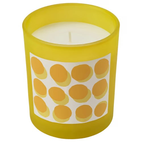 SVARTOXBAR Scented candle in glass, Mimosa/yellow, 45hr