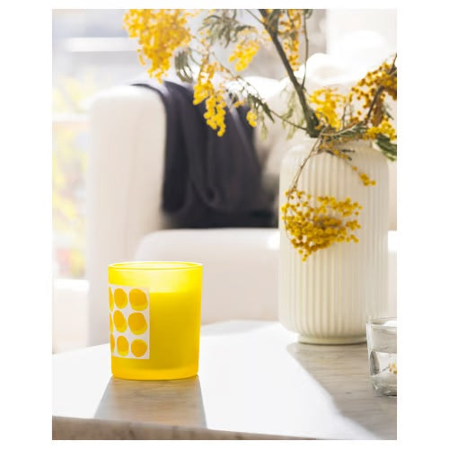 SVARTOXBAR Scented candle in glass, Mimosa/yellow, 45hr
