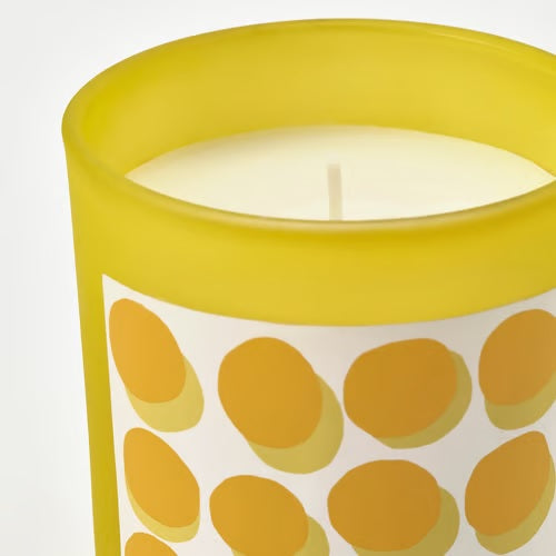 SVARTOXBAR Scented candle in glass, Mimosa/yellow, 45hr