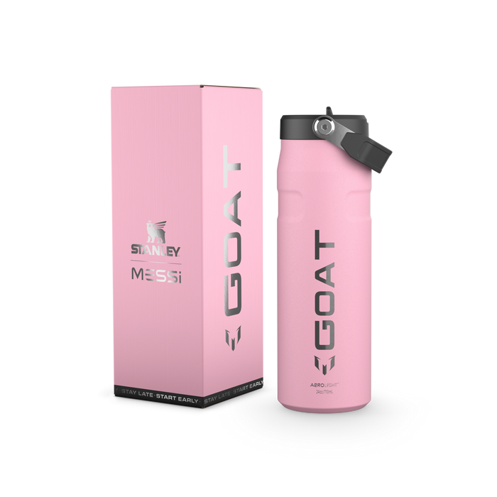 The Messi x Stanley IceFlow™ Water Bottle with Flip Straw Lid 24 OZ In Messi GOAT Pink