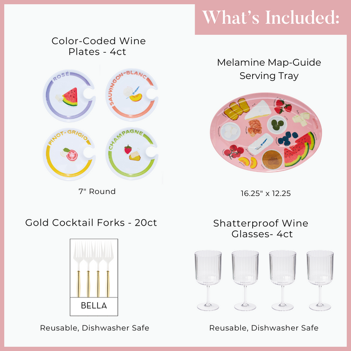 The Summer Soirée Edit by Maple includes 4 wine holder appetizer plates, a charcuterie tray with wine & cheese guide, a box of 20 gold cocktail forks, and 4 shatterproof wine glasses—all reusable and dishwasher safe.