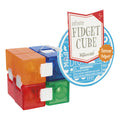 A multicolored plastic Toysmith Infinite Fidget Cube with a round hanging tag and a choking hazard warning, designed for tactile play.