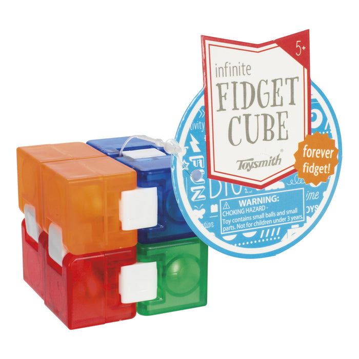A multicolored plastic Toysmith Infinite Fidget Cube with a round hanging tag and a choking hazard warning, designed for tactile play.