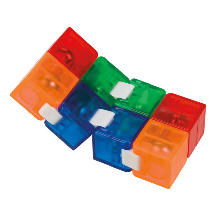 The Toysmith Infinite Fidget Cube features eight translucent, multi-colored cubes connected by white hinges for tactile play.