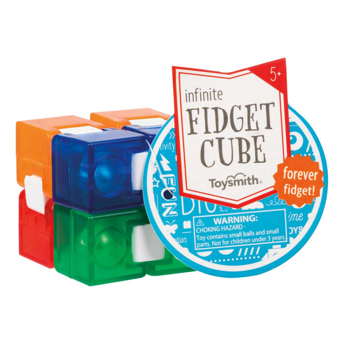 A colorful, plastic Toysmith Infinite Fidget Cube designed for tactile play, featuring an attached product information tag.