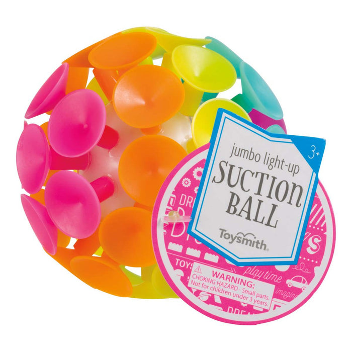 The Toysmith Jumbo Suction Ball is a colorful sensory toy with multiple bright suction cups, featuring Toysmith branding and a choking hazard warning for ages 3+.