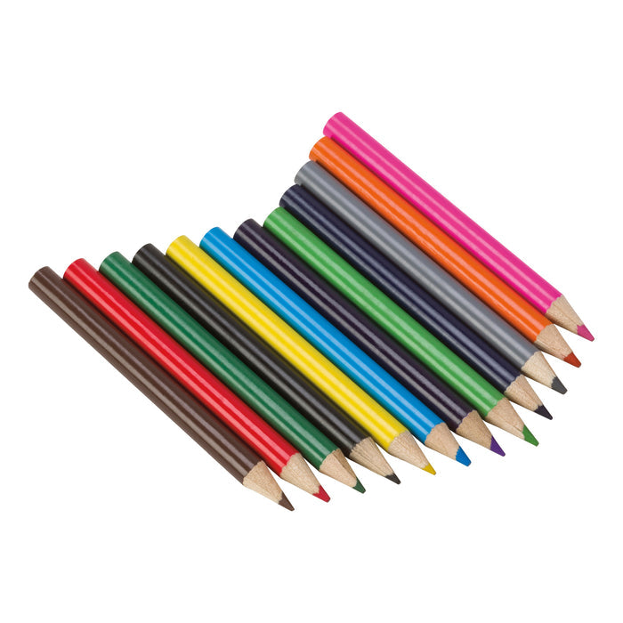 The Toysmith Mini Colored Pencils set includes 12 vibrant shades such as red, green, blue, and yellow. Arranged diagonally on a white background, these Toysmith pencils pair perfectly with a sharpener for creative fun!.