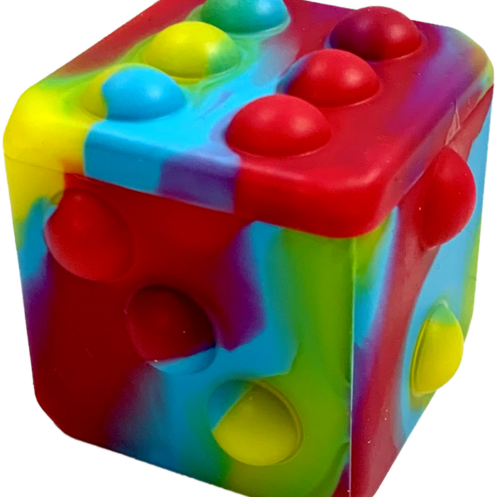The Toysmith Poppin' Dice - Rainbow by Toysmith is a colorful fidget cube with raised and recessed poppable bubbles on each side, featuring vibrant red, blue, yellow, and green sections.