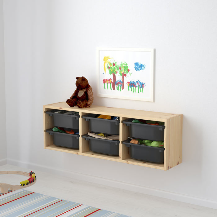 TROFAST Wall storage, 99x21x30cm (6 boxes Combo), Light white stained pine/black
