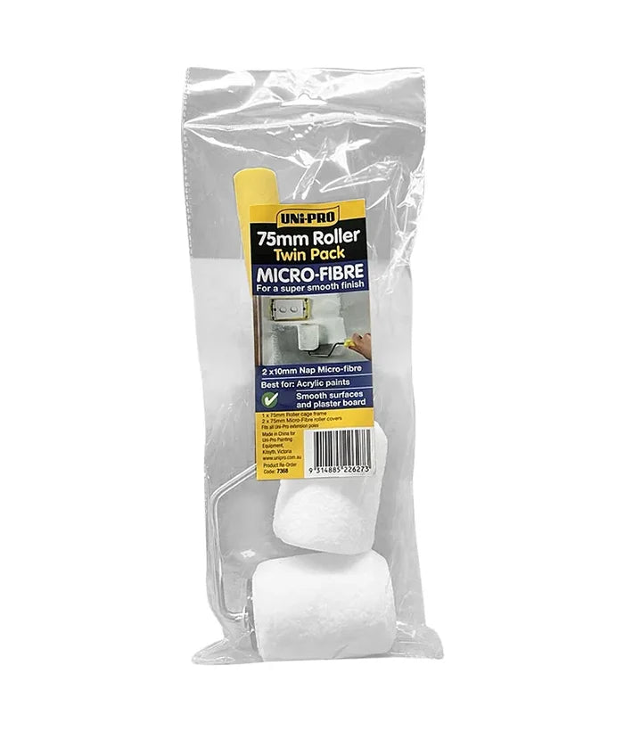 Packaged UNi-PRO 75mm roller with micro-fibre cover on a white background