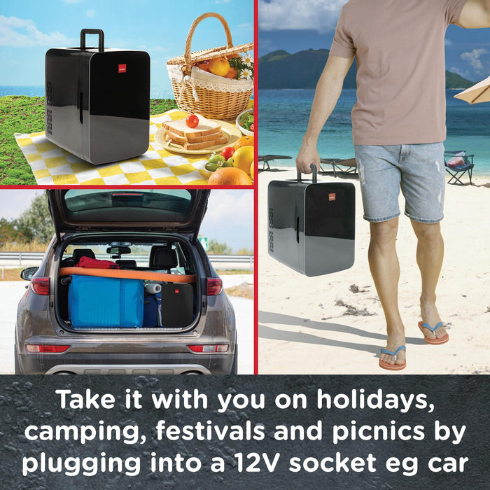 Multifunctional cooler bag used for picnics, camping, and festivals with text overlay. - Buy Now Black 10L Mini Fridge + Black 15L Mini Fridge