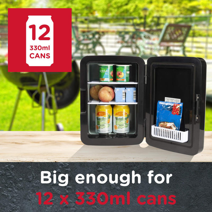 Portable refrigerator with food items on a table outdoors, with text indicating capacity for 12 x 330ml cans. - Buy Now Black 10L Mini Fridge + Black 15L Mini Fridge