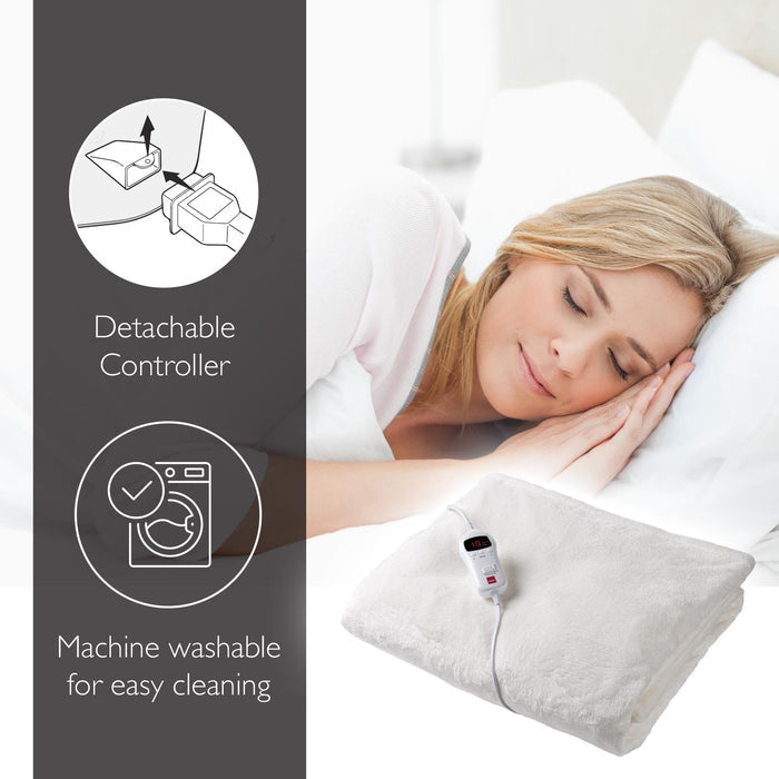Woman sleeping with an electric blanket and features highlighted on the side.- Buy Now Cream Luxury Heated Throw + Foot Warmer