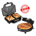 Black sandwich and waffle maker with two sandwiches and a waffle on a white background, featuring a 'Bundle Bundle' stamp. - Buy Now Deep Fill Sandwich Toaster + Round Waffle Maker