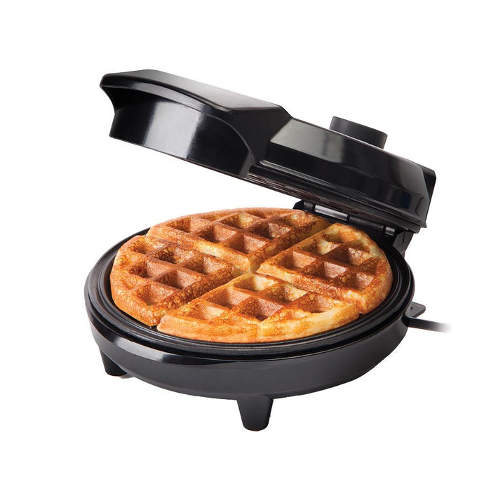 Black waffle maker with a cooked waffle inside  - Buy Now Deep Fill Sandwich Toaster + Round Waffle Maker