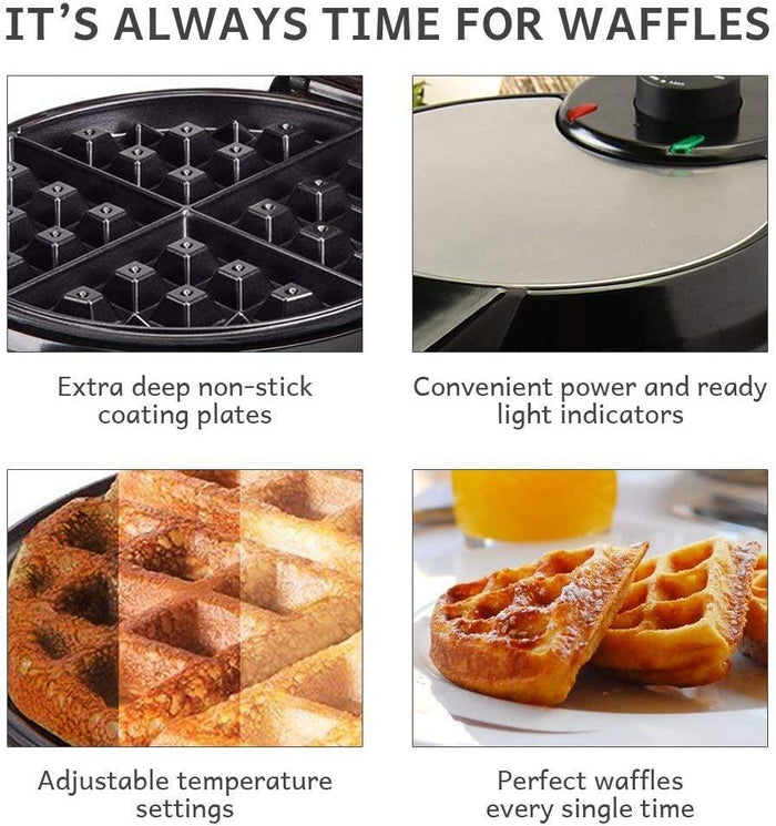 Waffle maker with features highlighted and waffles on a plate. - Buy Now Deep Fill Sandwich Toaster + Round Waffle Maker