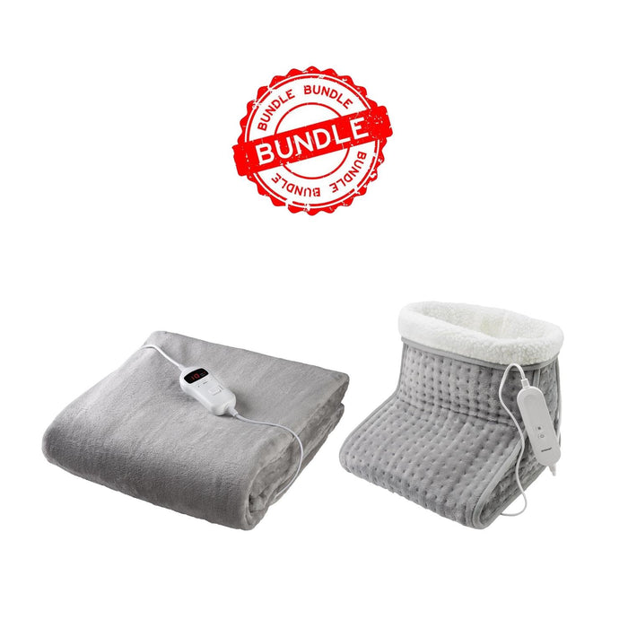 Gray heating pad and foot massager with 'Bundle' label on a white background - Buy Now Grey Luxury Heated Throw + Foot Warmer