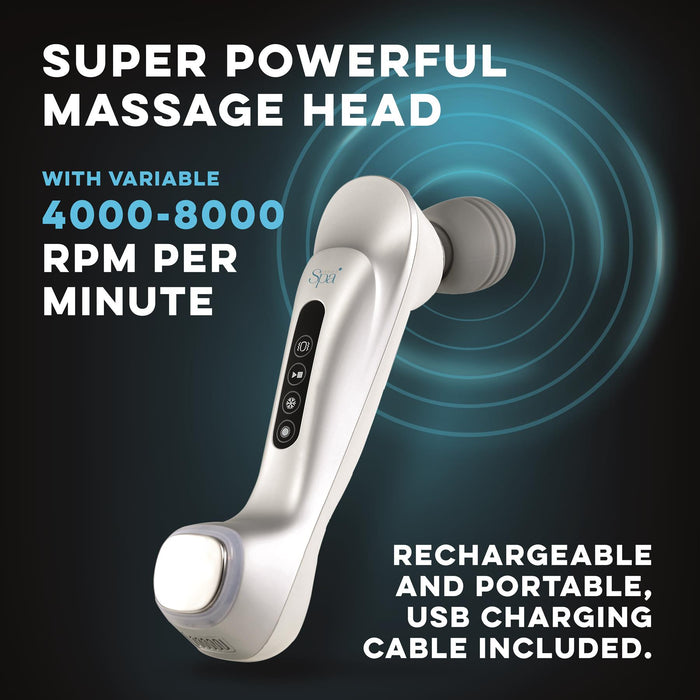 Massage device with text highlighting its powerful massage head  - Buy Now Hot & Cold Massager + EMS & Heat Massager