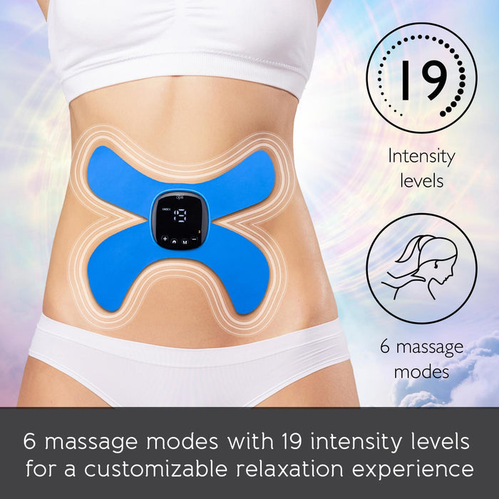 Blue massage device on a person's abdomen with text about intensity levels and massage modes. - Buy Now Hot & Cold Massager + EMS & Heat Massager