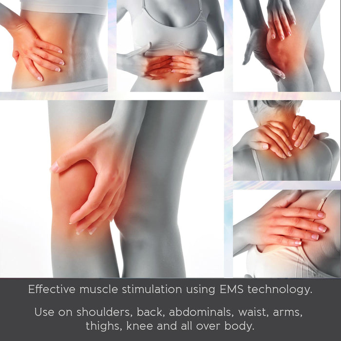 Collage of body parts with hand gestures indicating pain or need for muscle stimulation, using EMS technology. - Buy Now Hot & Cold Massager + EMS & Heat Massager