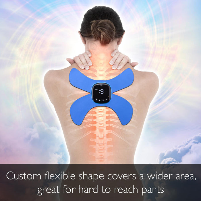 Person using a blue electronic device on their back  - Buy Now Hot & Cold Massager + EMS & Heat Massager