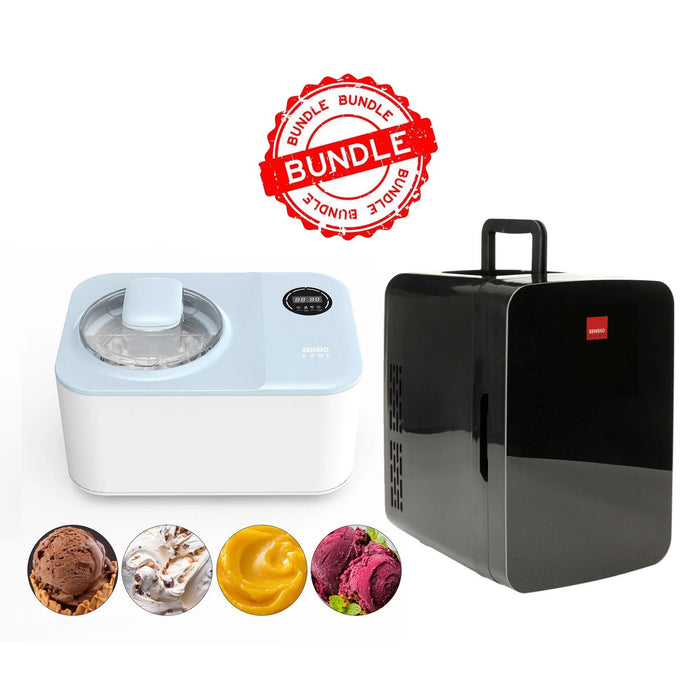 Ice cream maker and freezer with ice cream samples - Buy Now  Ice Cream & Dessert Maker + Black 10L Mini Fridge