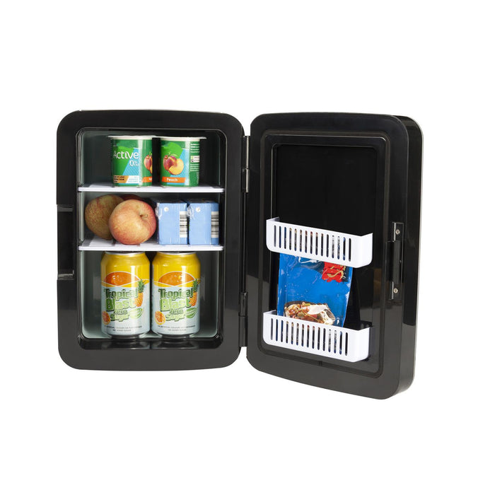 Small black refrigerator with open door displaying food items on a white background - Buy Now Cream & Dessert Maker + Black 15L Mini Fridge