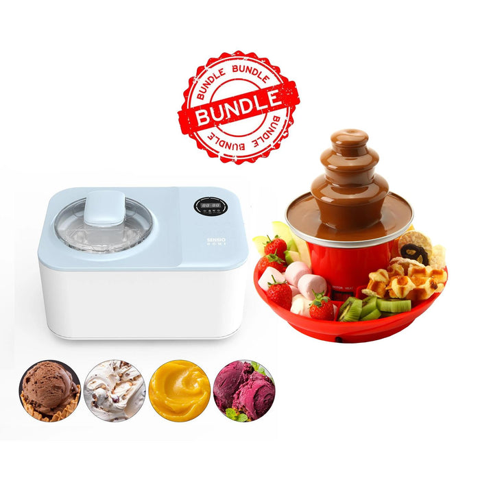 Chocolate fountain with ingredients and ice cream samples - Buy Now Icy Treats Ice Cream & Dessert Maker + Chocolate Fountain Fondue Set with Serving Tray