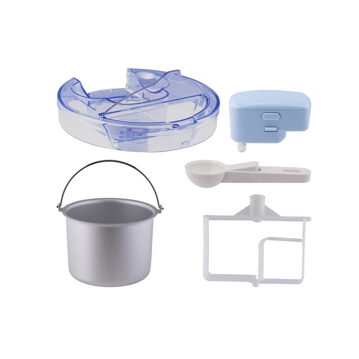 Set of kitchen utensils including a silver pot, blue lid, white spoon, - Buy Now Icy Treats Ice Cream & Dessert Maker + Chocolate Fountain Fondue Set with Serving Tray