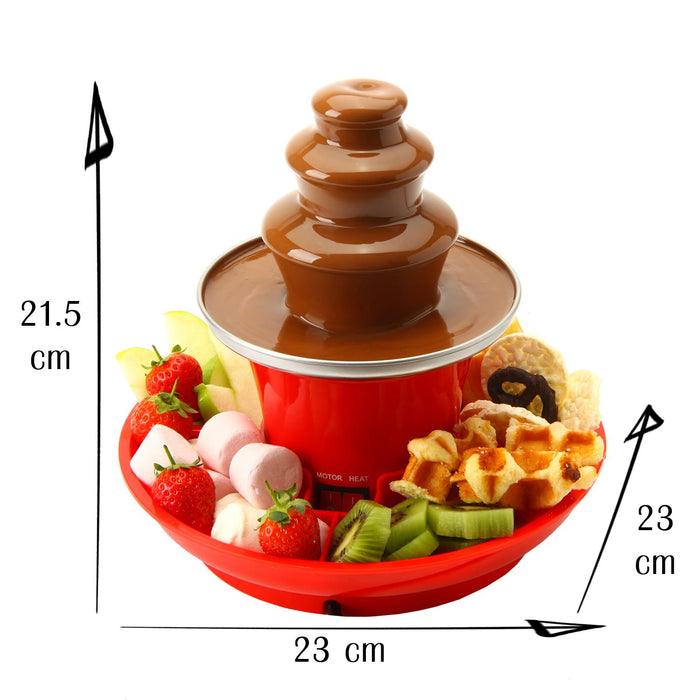 Chocolate fountain with dimensions labeled- Buy Now Icy Treats Ice Cream & Dessert Maker + Chocolate Fountain Fondue Set with Serving Tray