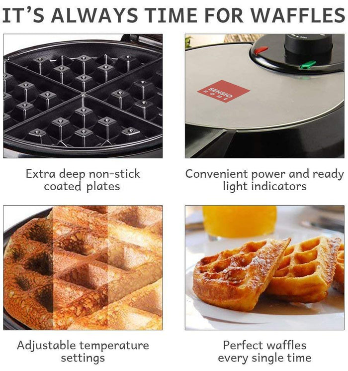 Waffle maker with features highlighted and waffles on a plate. - Buy Now Round Waffle Maker + Chocolate Fountain Fondue Set Fondue Set With Party Serving Tra