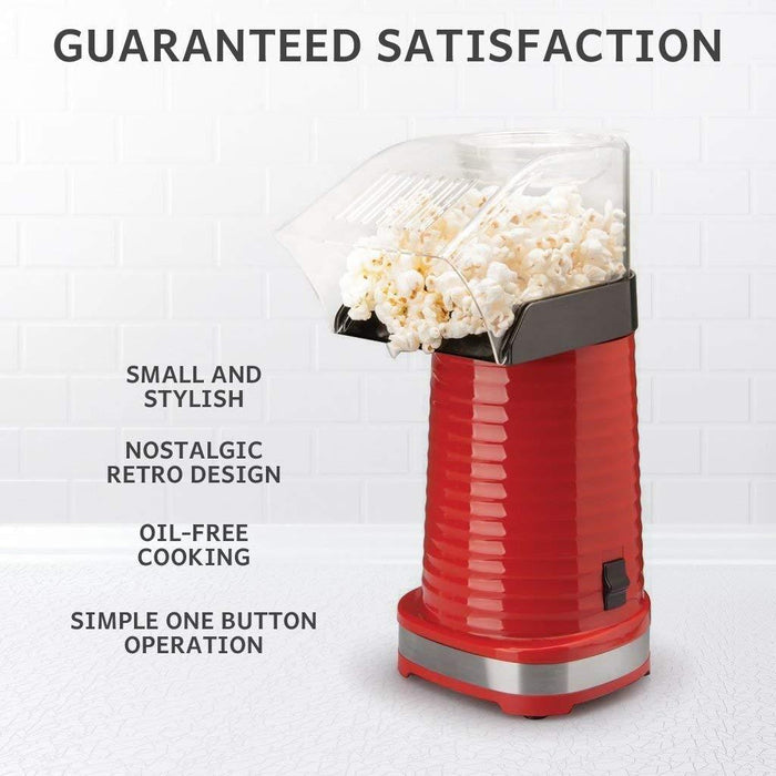 Red popcorn maker with popped popcorn on a white background, featuring text about product features. - Buy Now Round Waffle Maker + Popcorn Maker